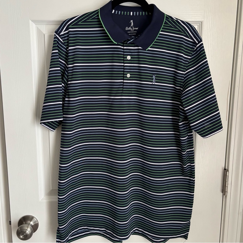 Bobby Jones Men’s Performance Golf Polo Navy Shirt Green White Striped Size L - Picture 1 of 7